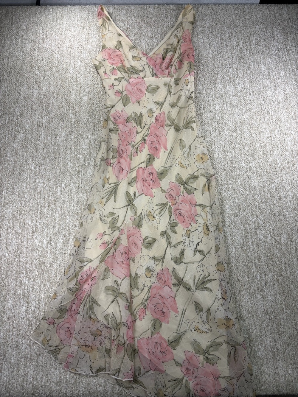 Vintage Y2K Ruby Rox Cream Maxi Slip Dress with Pink Floral Print